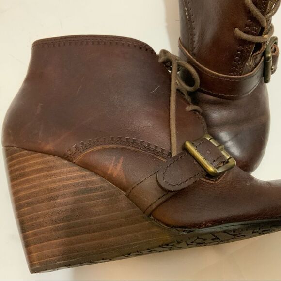 Fossil Charlene Ankle Boots Womens Size 7.5 Brown  Leather Lace Up Buckle Wedge - Picture 11 of 16